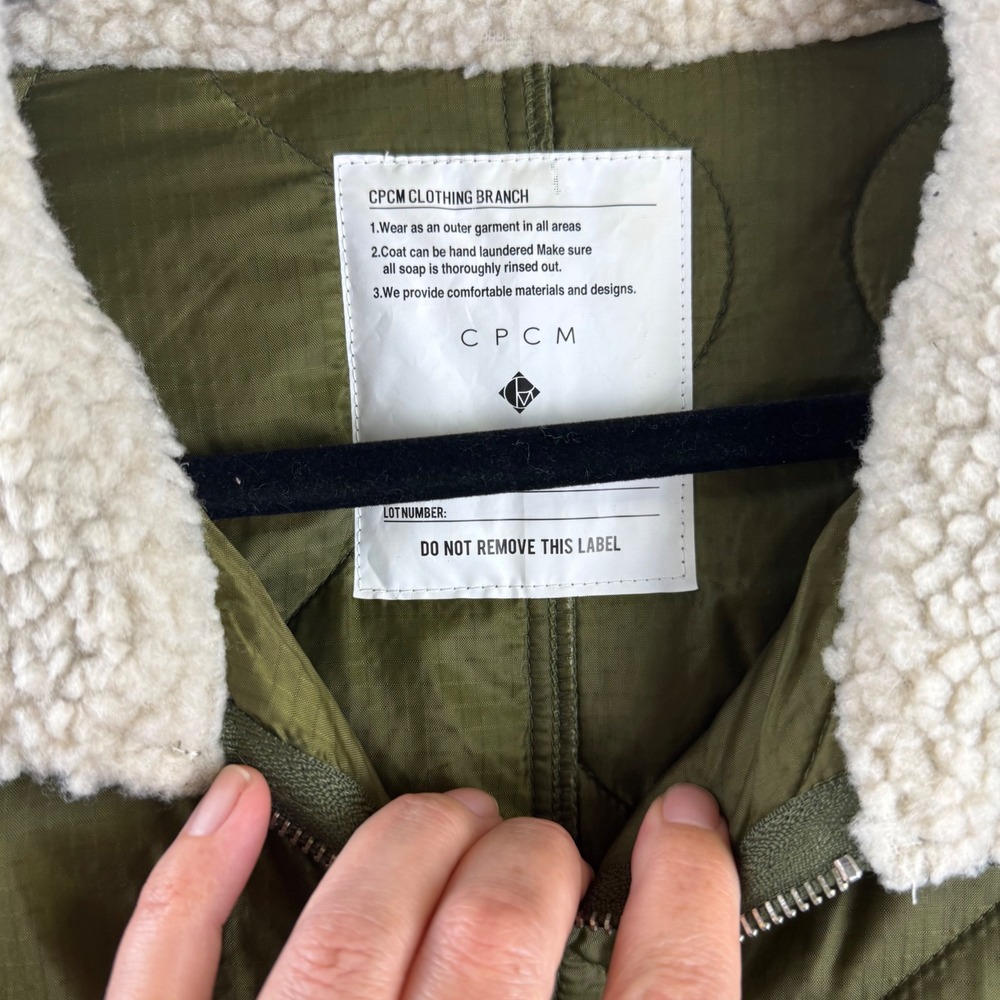 CPCM Quilted Bomber Jacket Unisex L Olive Green Sherpa Collar Corduroy (1768) - Picture 2 of 11